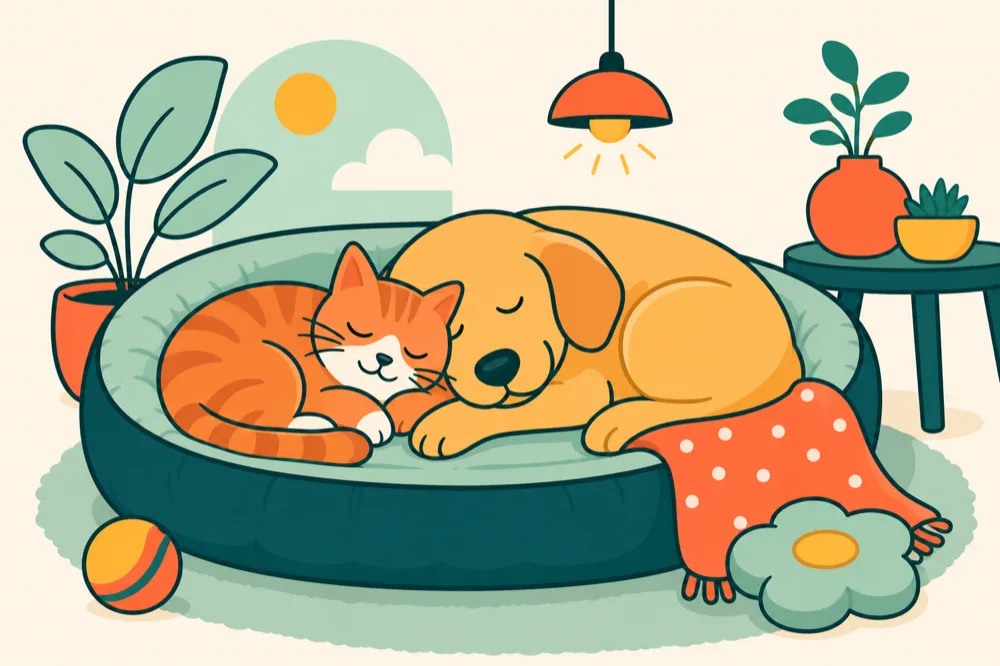 A cat and dog napping together, safe at home